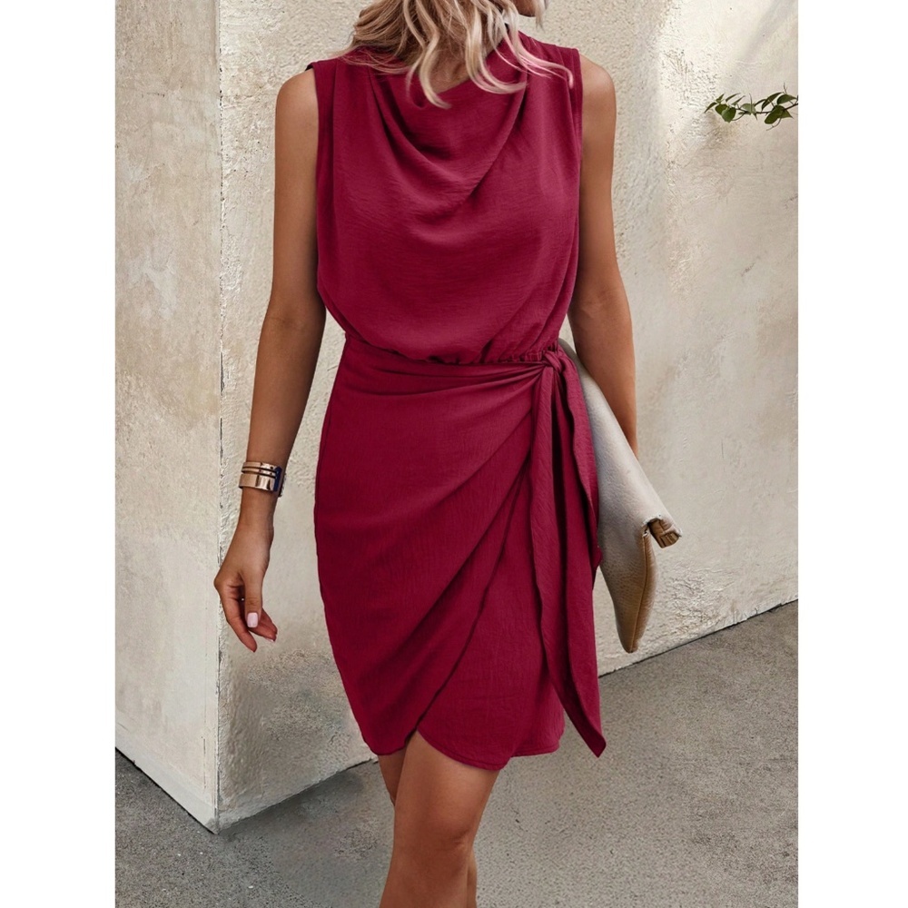 Burgundy Crinkle Mini Dress Draped Neck Wrap Overlapping Side Tie Skirt